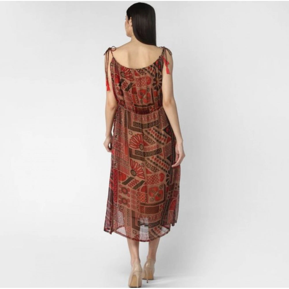 Snuggle Spot Women's Polyester Printed Shoulder Straps Dress (Maroon - Brown)