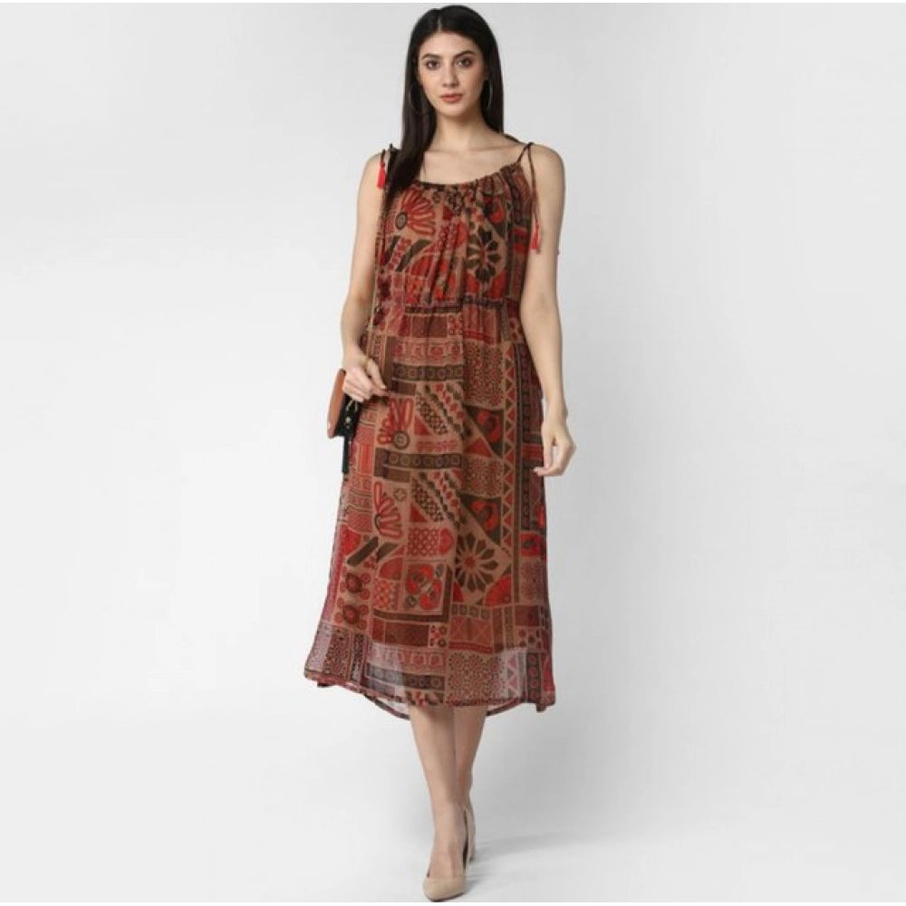 Snuggle Spot Women's Polyester Printed Shoulder Straps Dress (Maroon - Brown)