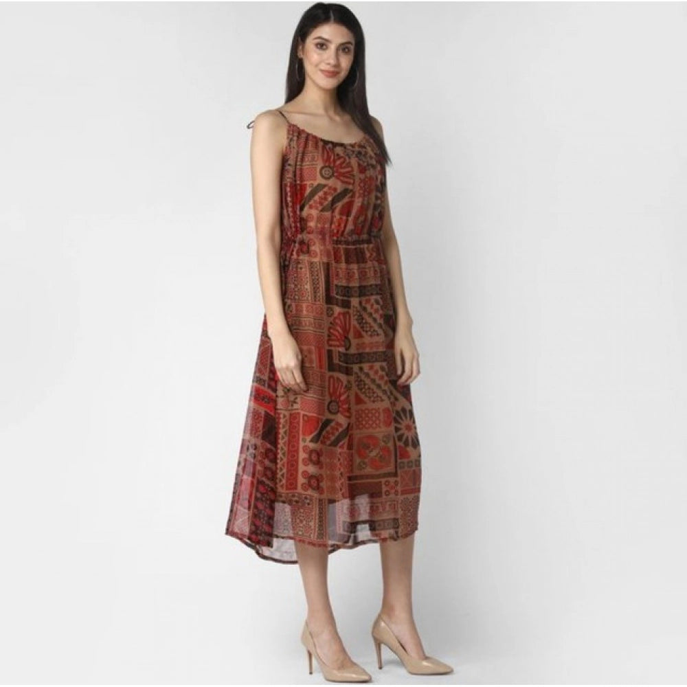 Snuggle Spot Women's Polyester Printed Shoulder Straps Dress (Maroon - Brown)