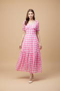 Snuggle Spot Women's Polyester Georgette Checkered Half Sleeve Dress (Pink)