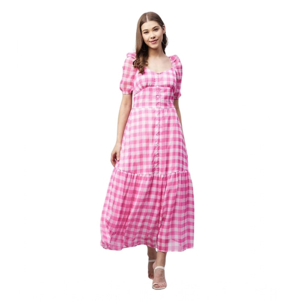 Snuggle Spot Women's Polyester Georgette Checkered Half Sleeve Dress (Pink)