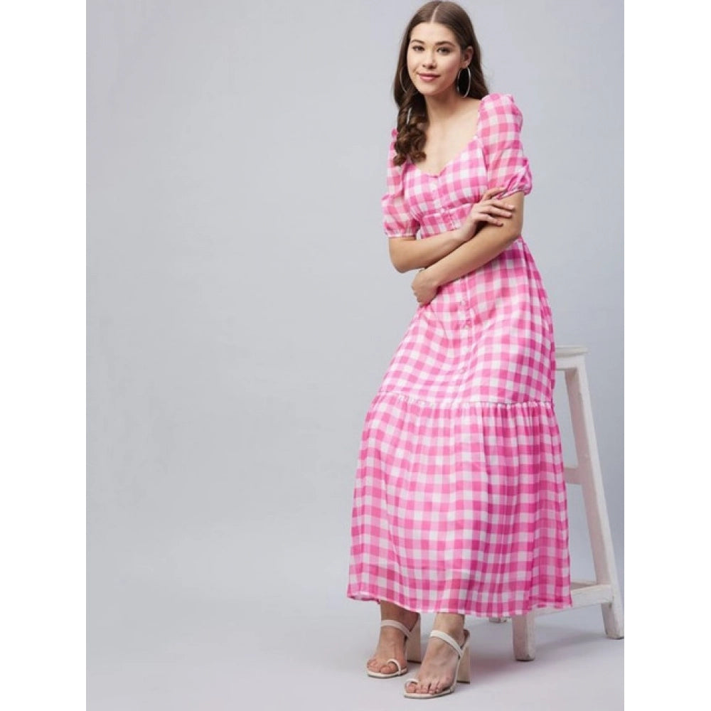 Snuggle Spot Women's Polyester Georgette Checkered Half Sleeve Dress (Pink)