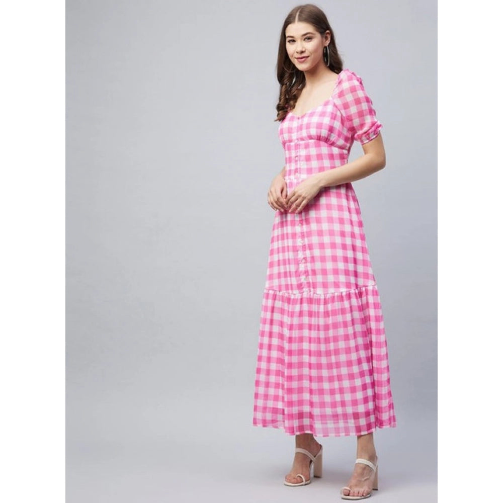 Snuggle Spot Women's Polyester Georgette Checkered Half Sleeve Dress (Pink)