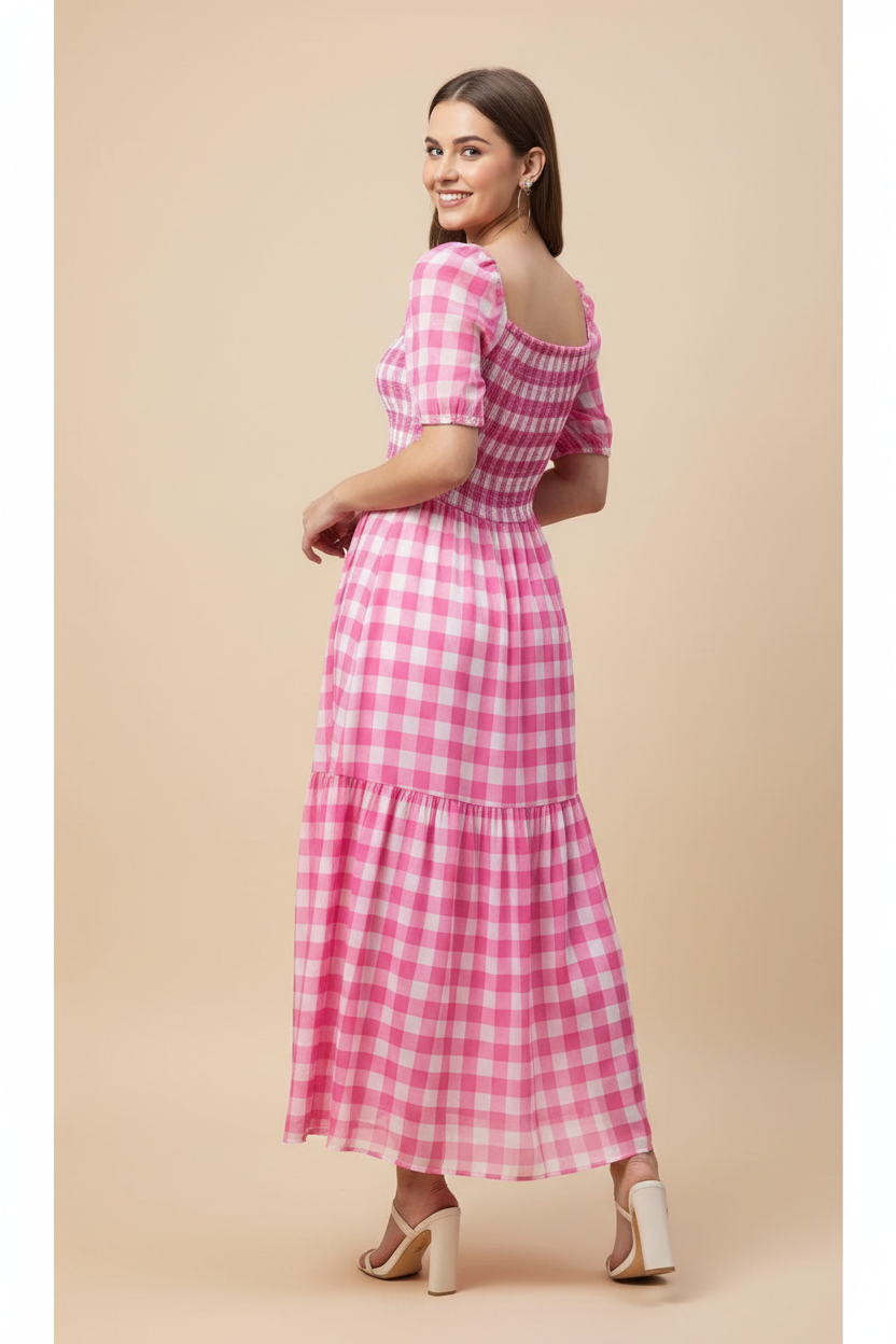 Snuggle Spot Women's Polyester Georgette Checkered Half Sleeve Dress (Pink)