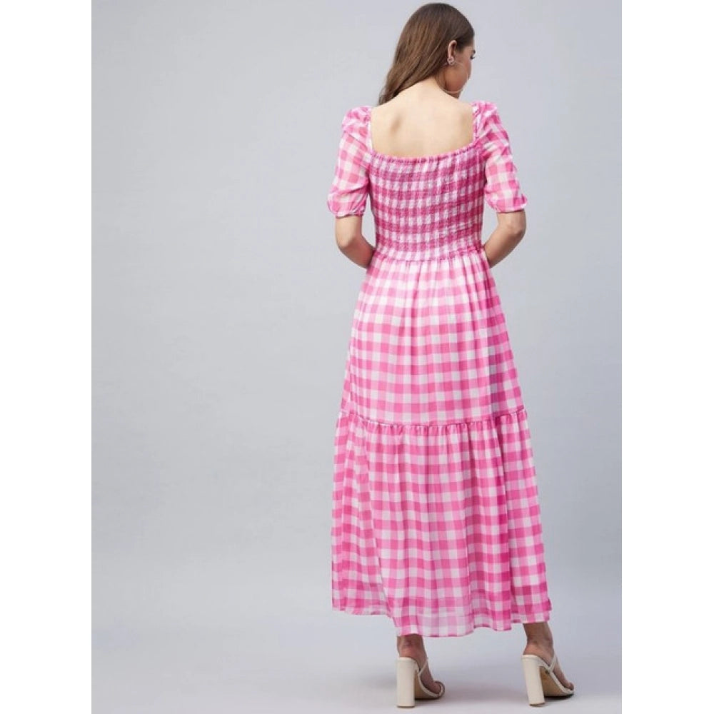 Snuggle Spot Women's Polyester Georgette Checkered Half Sleeve Dress (Pink)