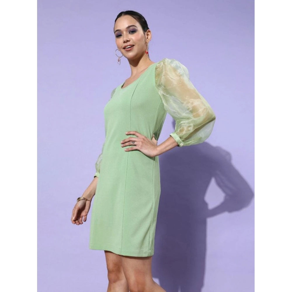 Snuggle Spot Women's Organza And Polyester Lycra Solid Long Sleeves Dress (Green)