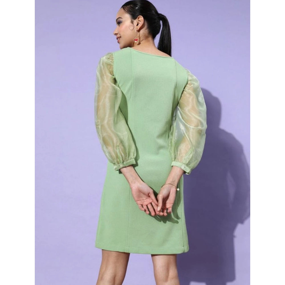 Snuggle Spot Women's Organza And Polyester Lycra Solid Long Sleeves Dress (Green)