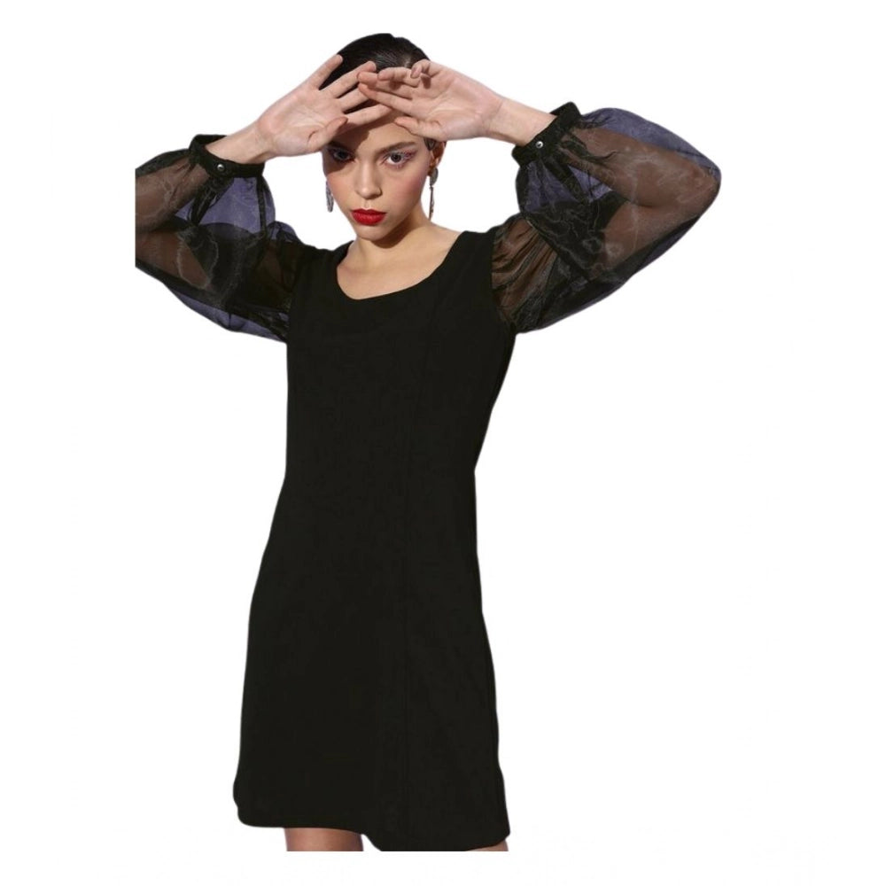 Snuggle Spot Women's Organza And Polyester Lycra Solid Long Sleeves Dress (Black)