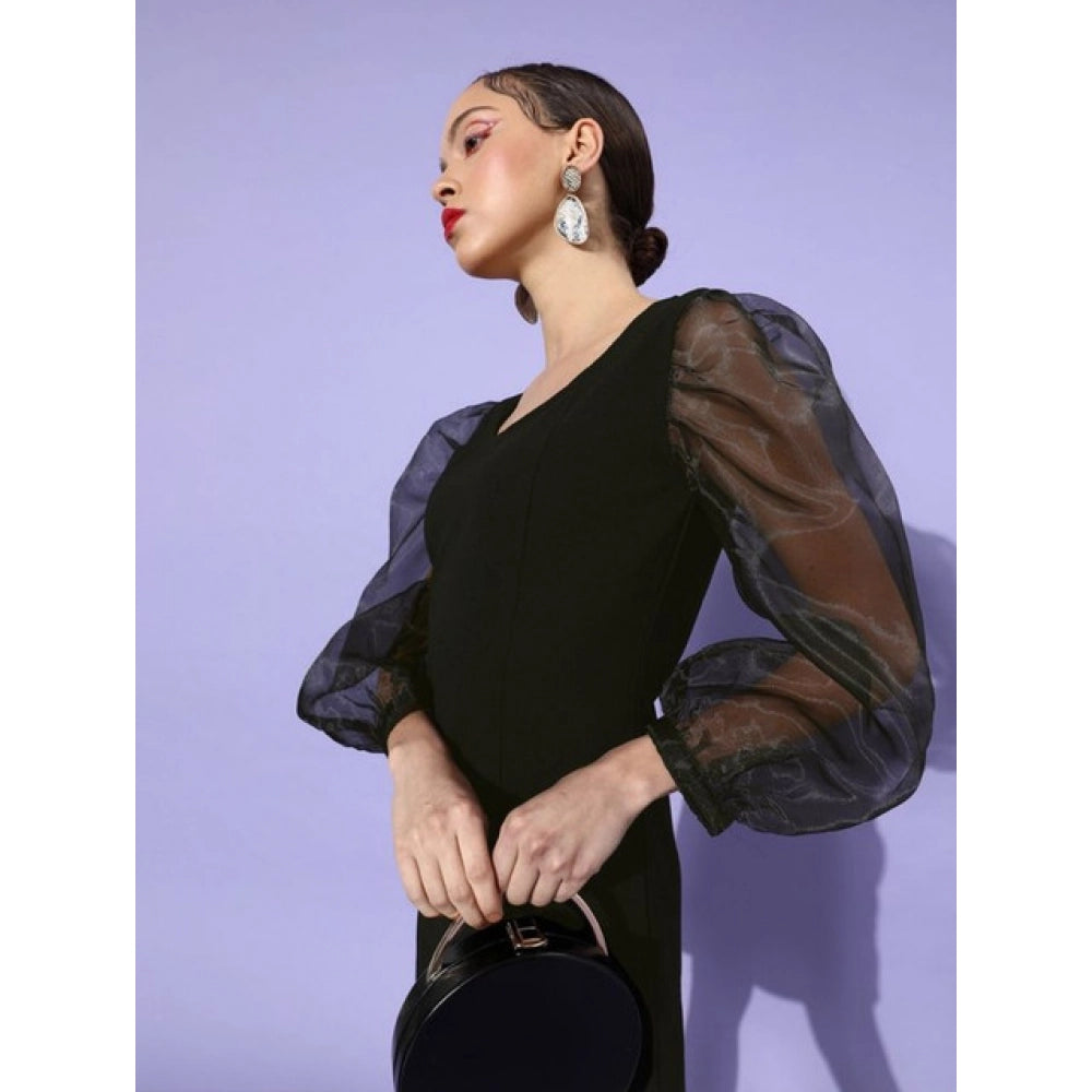 Snuggle Spot Women's Organza And Polyester Lycra Solid Long Sleeves Dress (Black)