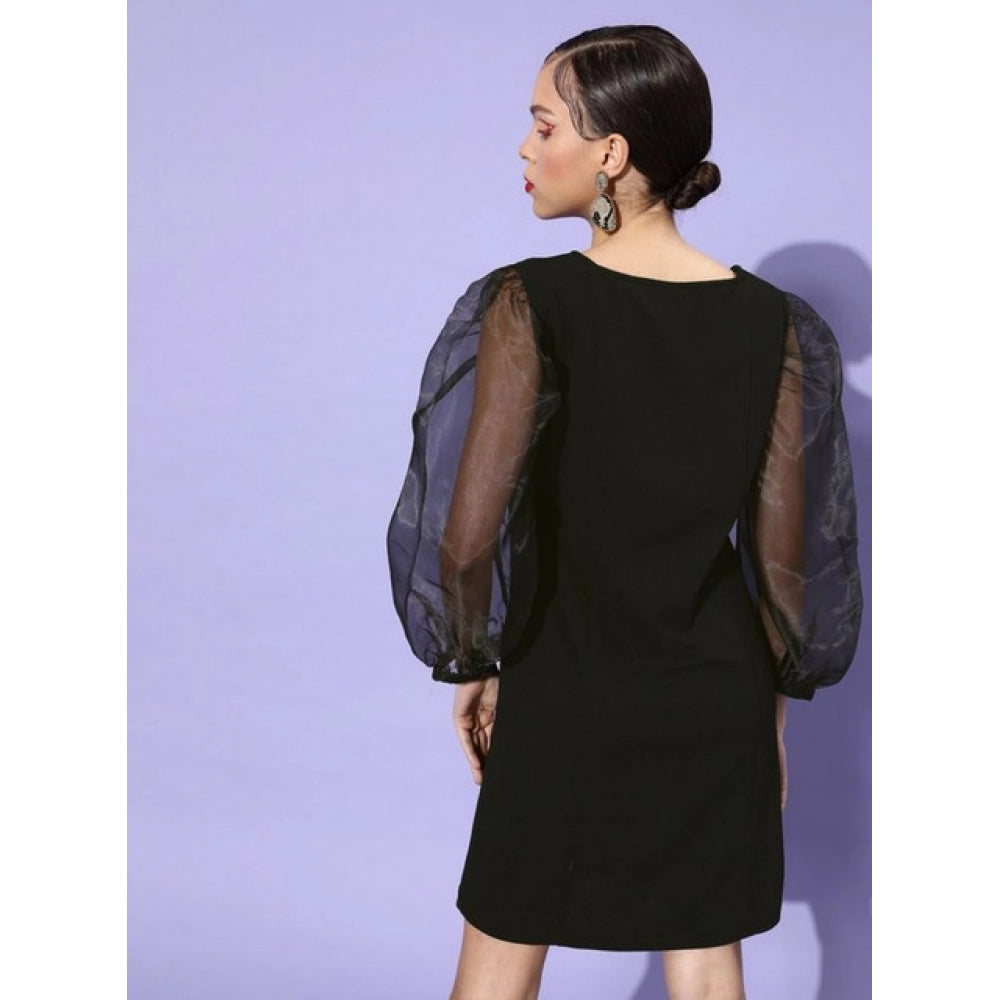 Snuggle Spot Women's Organza And Polyester Lycra Solid Long Sleeves Dress (Black)