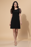 Snuggle Spot Women's Organza And Polyester Lycra Floral Short Sleeve Dress (Black)