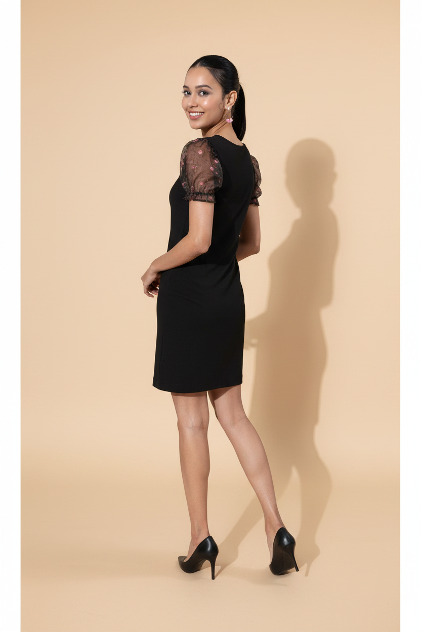 Snuggle Spot Women's Organza And Polyester Lycra Floral Short Sleeve Dress (Black)