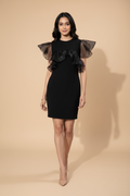 Snuggle Spot Women's Organza And Polyester Lycra Ruffled Sleeveless Dress (Black)