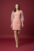 Snuggle Spot Women's Polyester Lycra And Organza Floral Balloon Sleeve Dress (Pink)