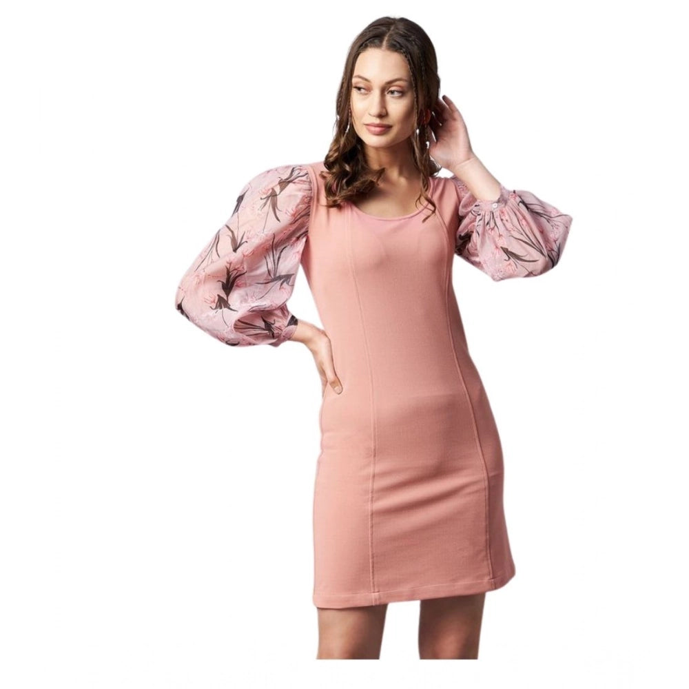 Snuggle Spot Women's Polyester Lycra And Organza Floral Balloon Sleeve Dress (Pink)