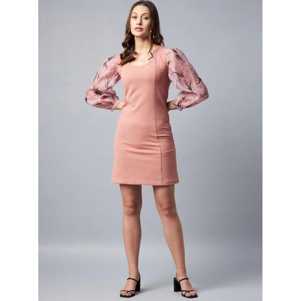 Snuggle Spot Women's Polyester Lycra And Organza Floral Balloon Sleeve Dress (Pink)