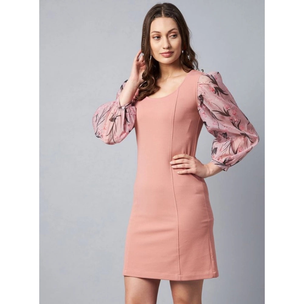 Snuggle Spot Women's Polyester Lycra And Organza Floral Balloon Sleeve Dress (Pink)