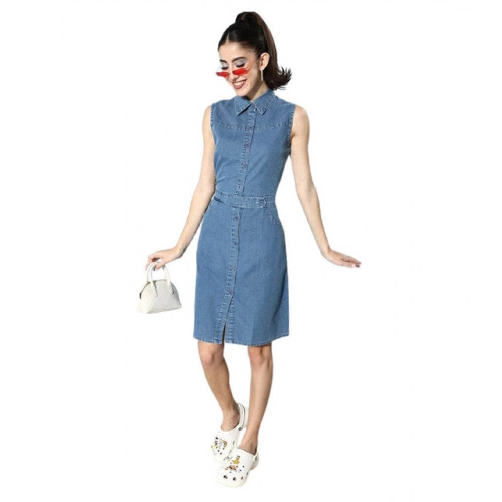Snuggle Spot Women's Denim Solid Sleeveless Dress (Blue)