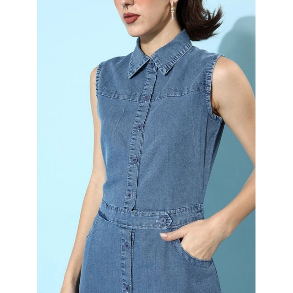 Snuggle Spot Women's Denim Solid Sleeveless Dress (Blue)