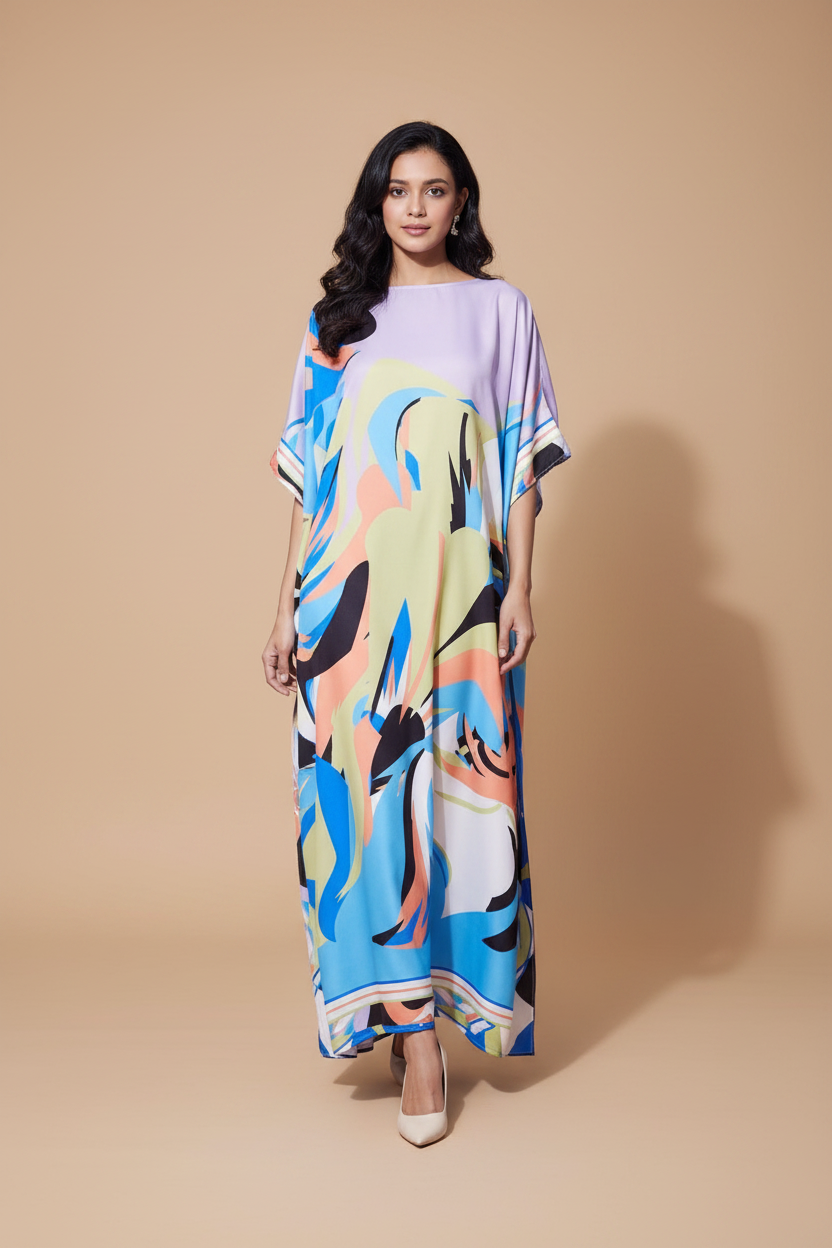 Snuggle Spot Women's Satin Colour Blocking Kaftan Dress (Multicolor)