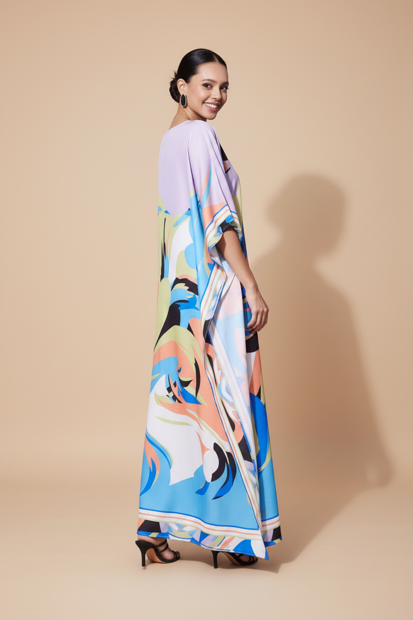 Snuggle Spot Women's Satin Colour Blocking Kaftan Dress (Multicolor)