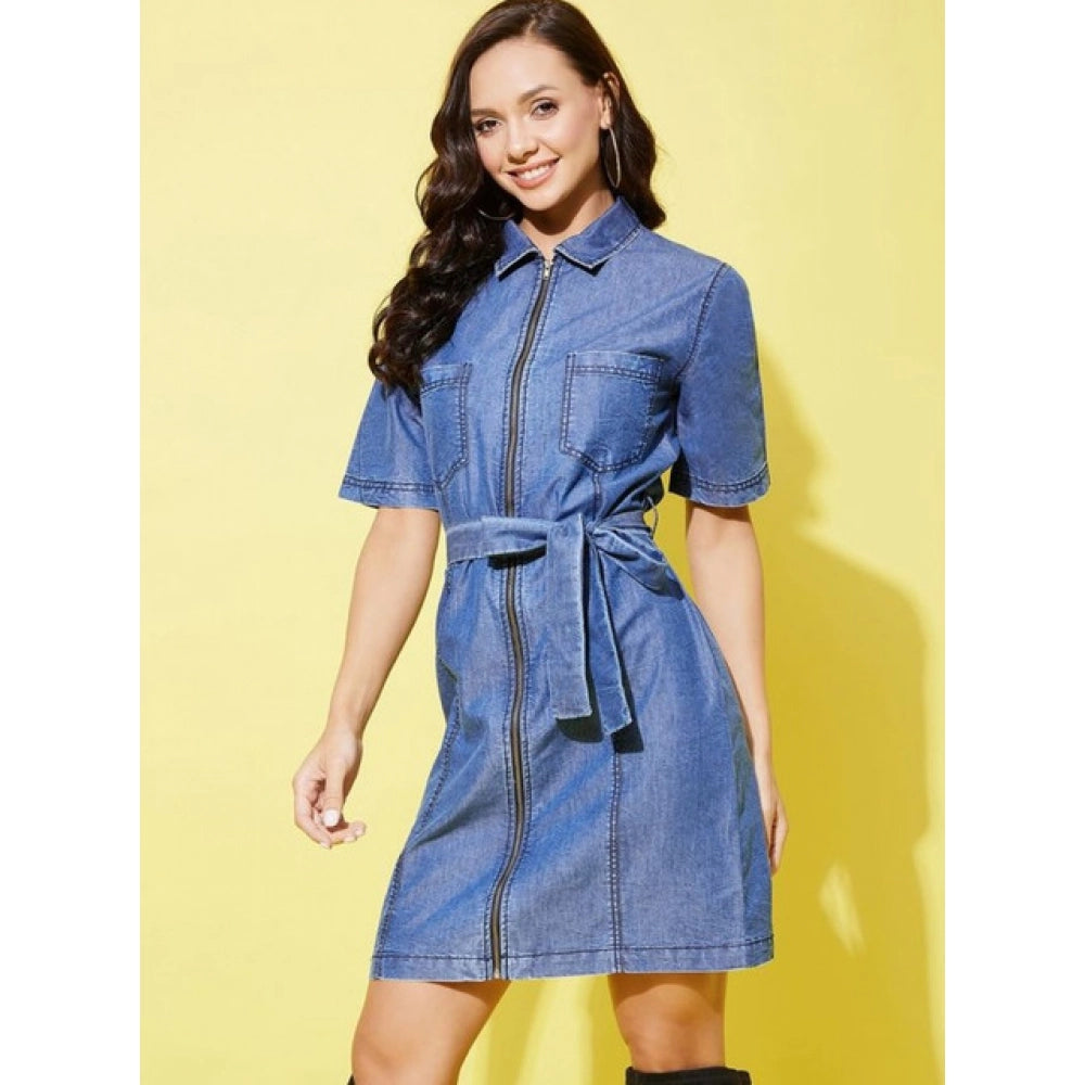 Snuggle Spot Women's Denim Solid Half Sleeve Dress (Blue)
