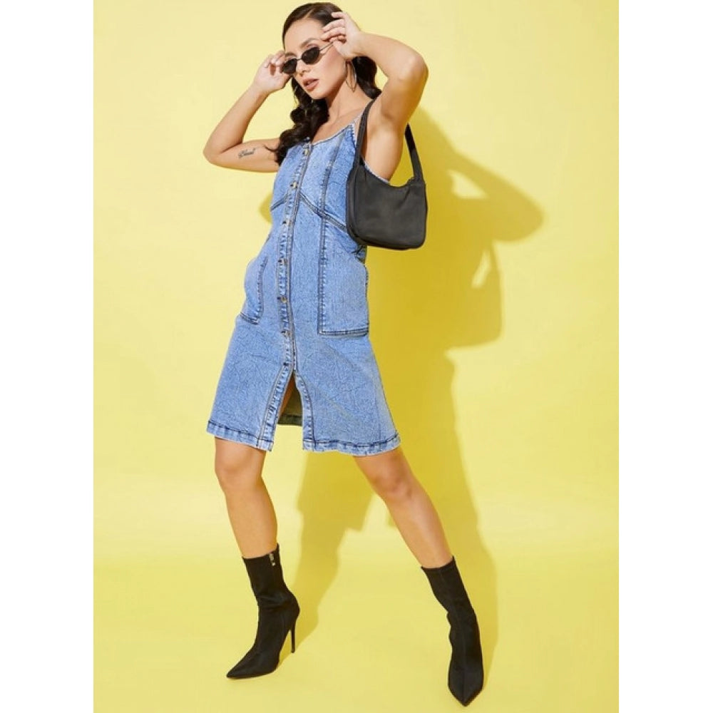Snuggle Spot Women's Denim Solid Sleeveless Dress (Blue)