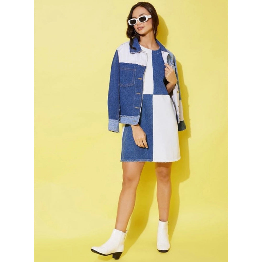 Snuggle Spot Women's Denim Color Blocking Sleeveless Dress (Blue)