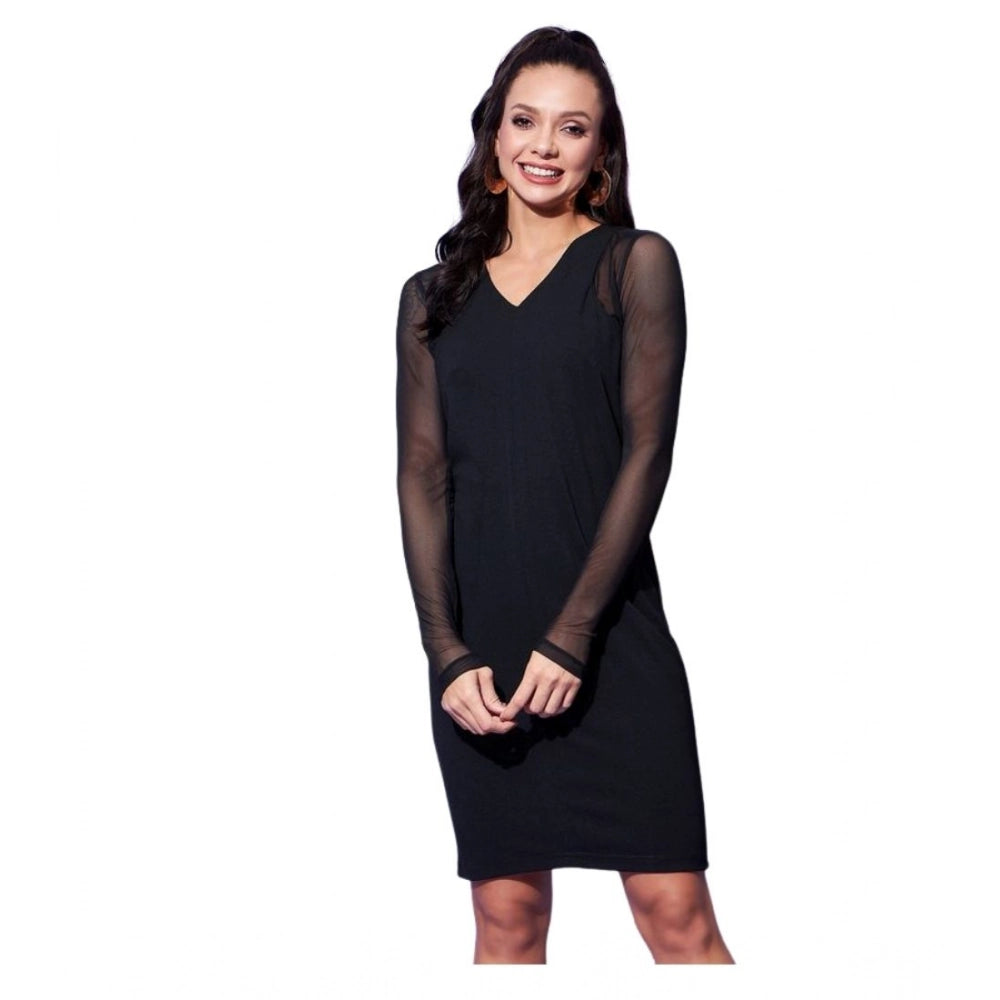 Snuggle Spot Women's Polyester And Net Solid Long Sleeves Dress (Black)