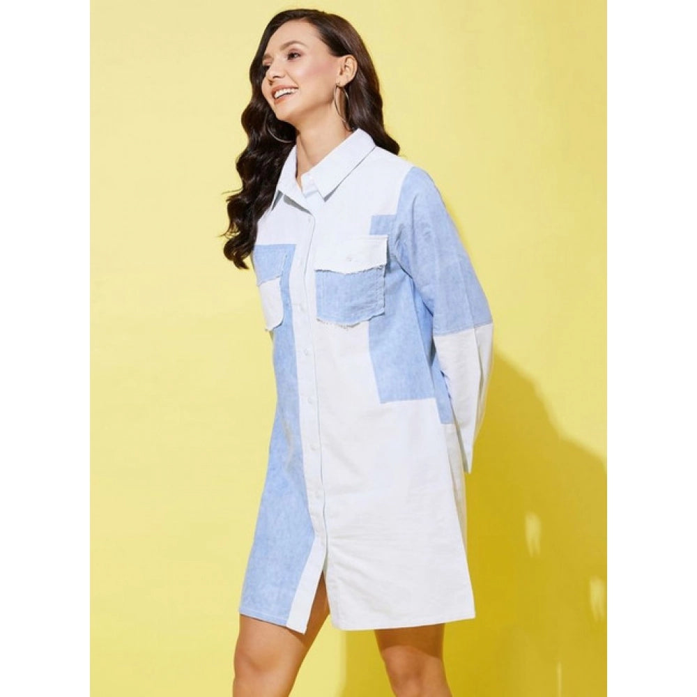 Snuggle Spot Women's Denim Solid Long Sleeves Dress (Blue)
