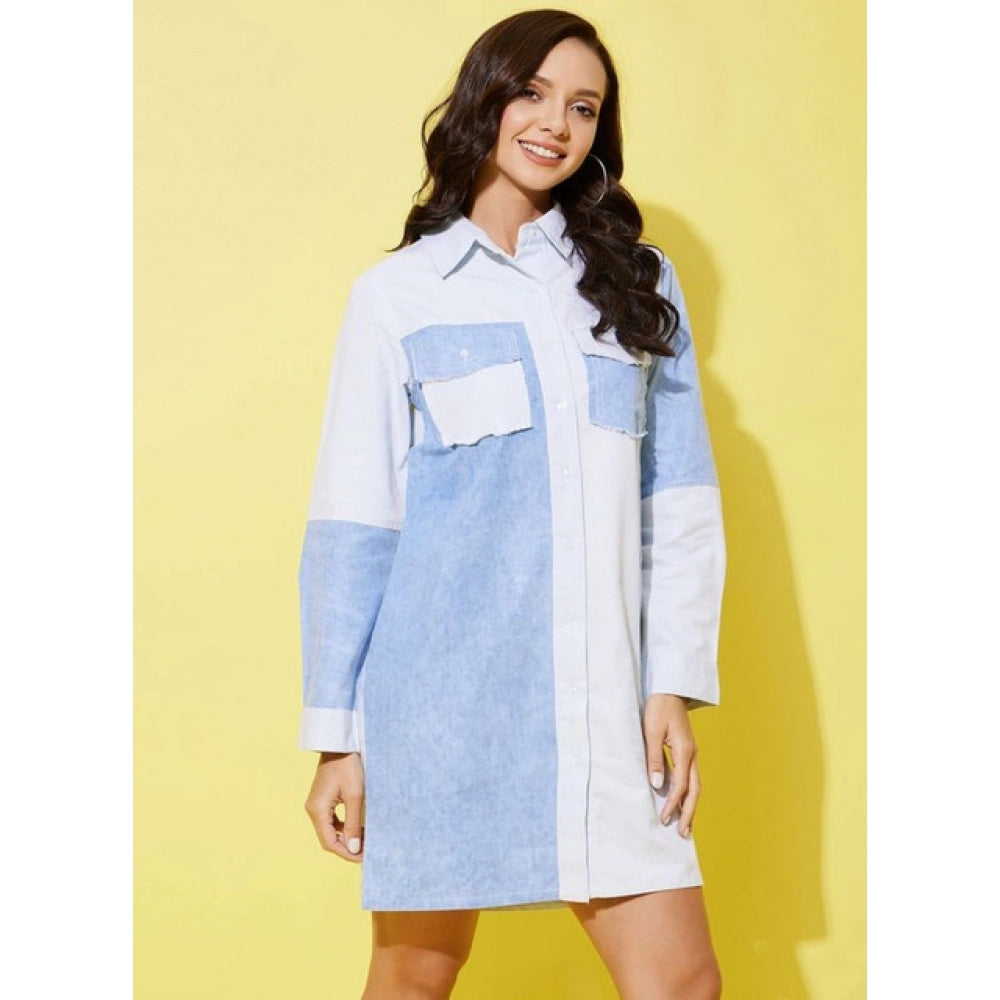 Snuggle Spot Women's Denim Solid Long Sleeves Dress (Blue)
