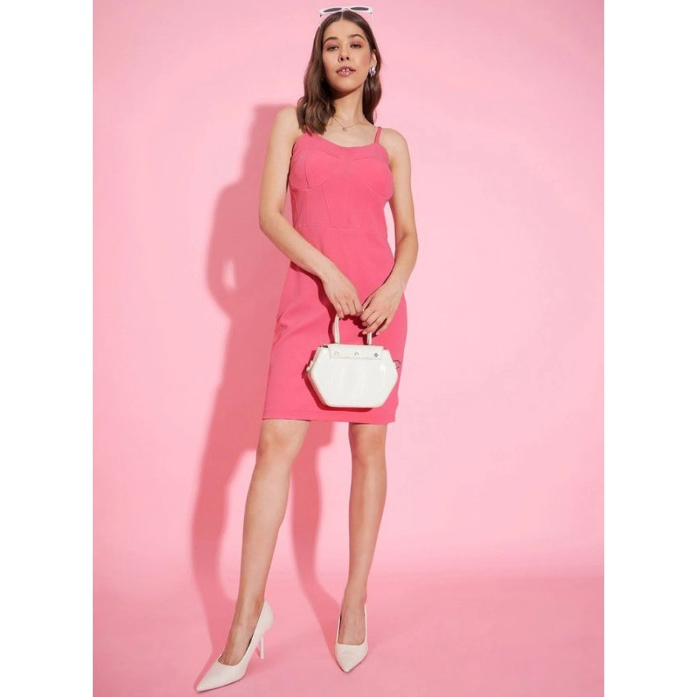 Snuggle Spot Women's Polyester Lycra Solid Shoulder Straps Dress (Pink)