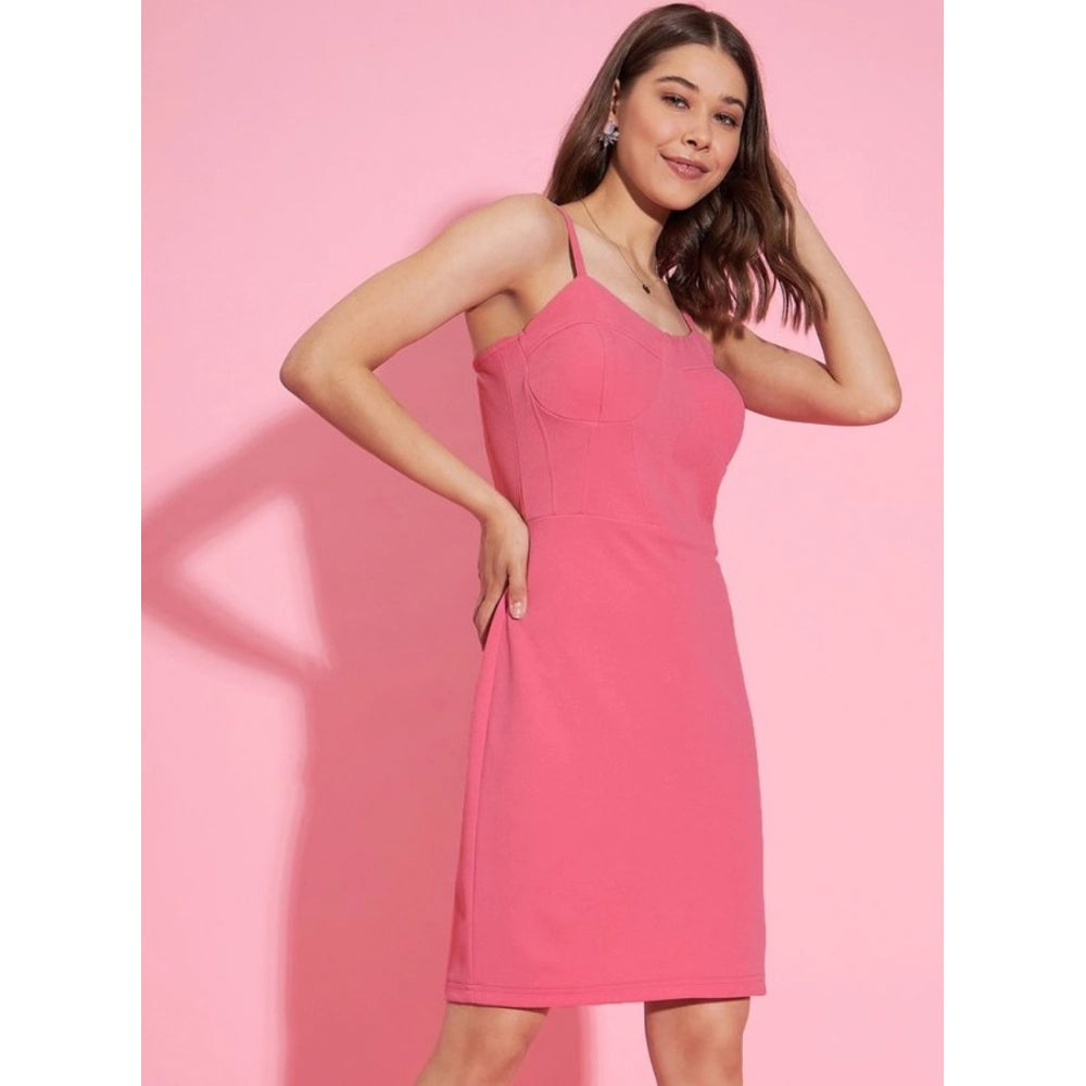 Snuggle Spot Women's Polyester Lycra Solid Shoulder Straps Dress (Pink)