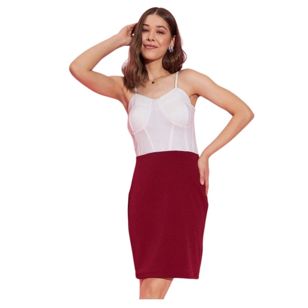 Snuggle Spot Women's Polyester Lycra Color Blocking Shoulder Straps Dress (White - Maroon)