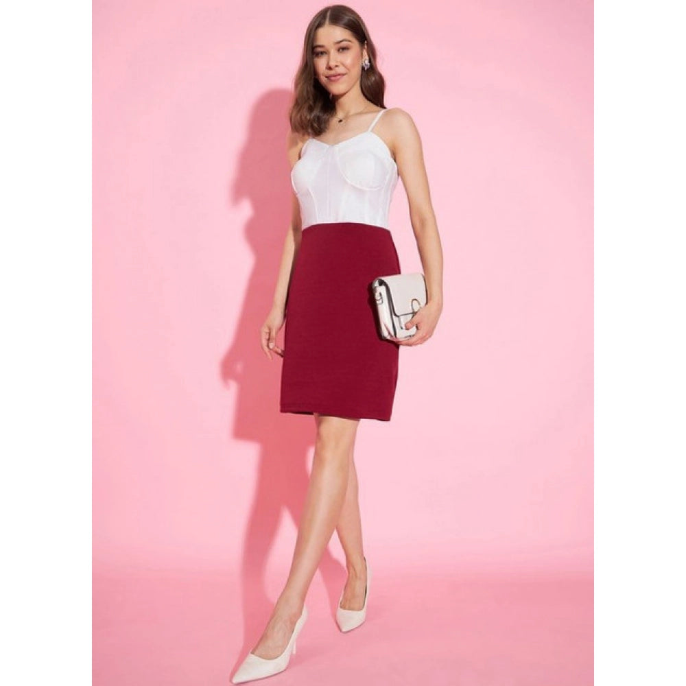 Snuggle Spot Women's Polyester Lycra Color Blocking Shoulder Straps Dress (White - Maroon)