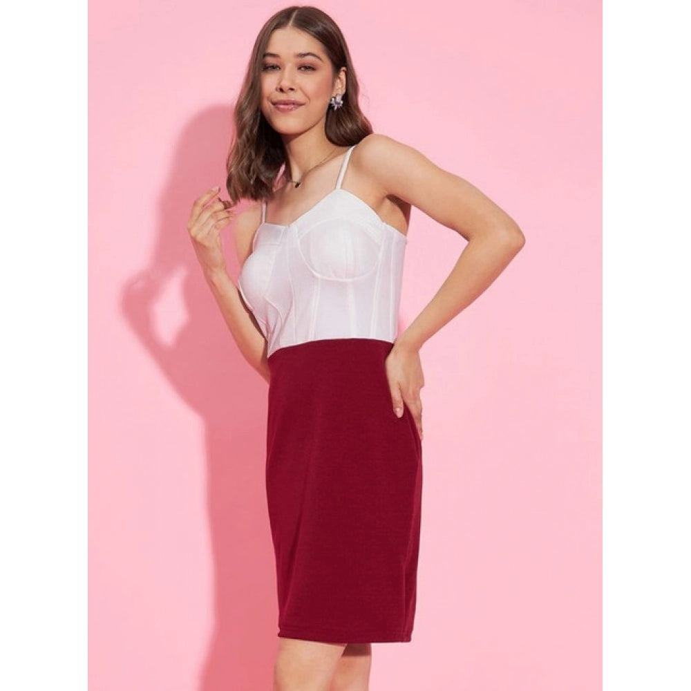 Snuggle Spot Women's Polyester Lycra Color Blocking Shoulder Straps Dress (White - Maroon)