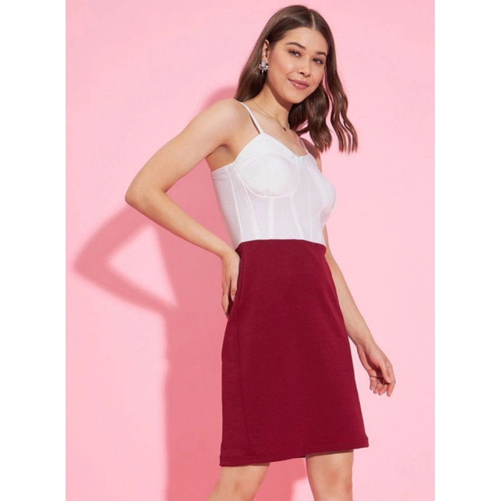 Snuggle Spot Women's Polyester Lycra Color Blocking Shoulder Straps Dress (White - Maroon)