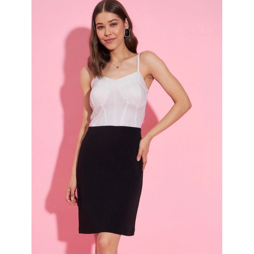 Snuggle Spot Women's Polyester Lycra Color Blocking Shoulder Straps Dress (White - Black)