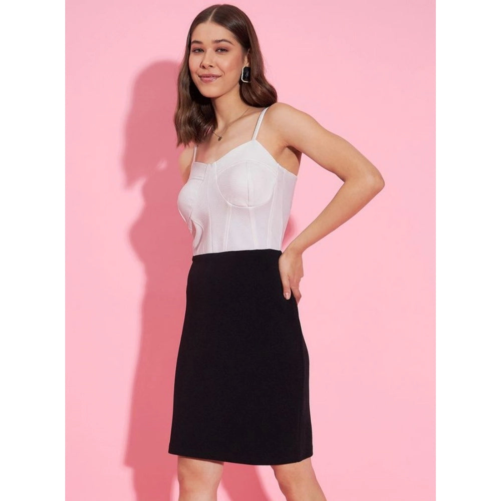 Snuggle Spot Women's Polyester Lycra Color Blocking Shoulder Straps Dress (White - Black)