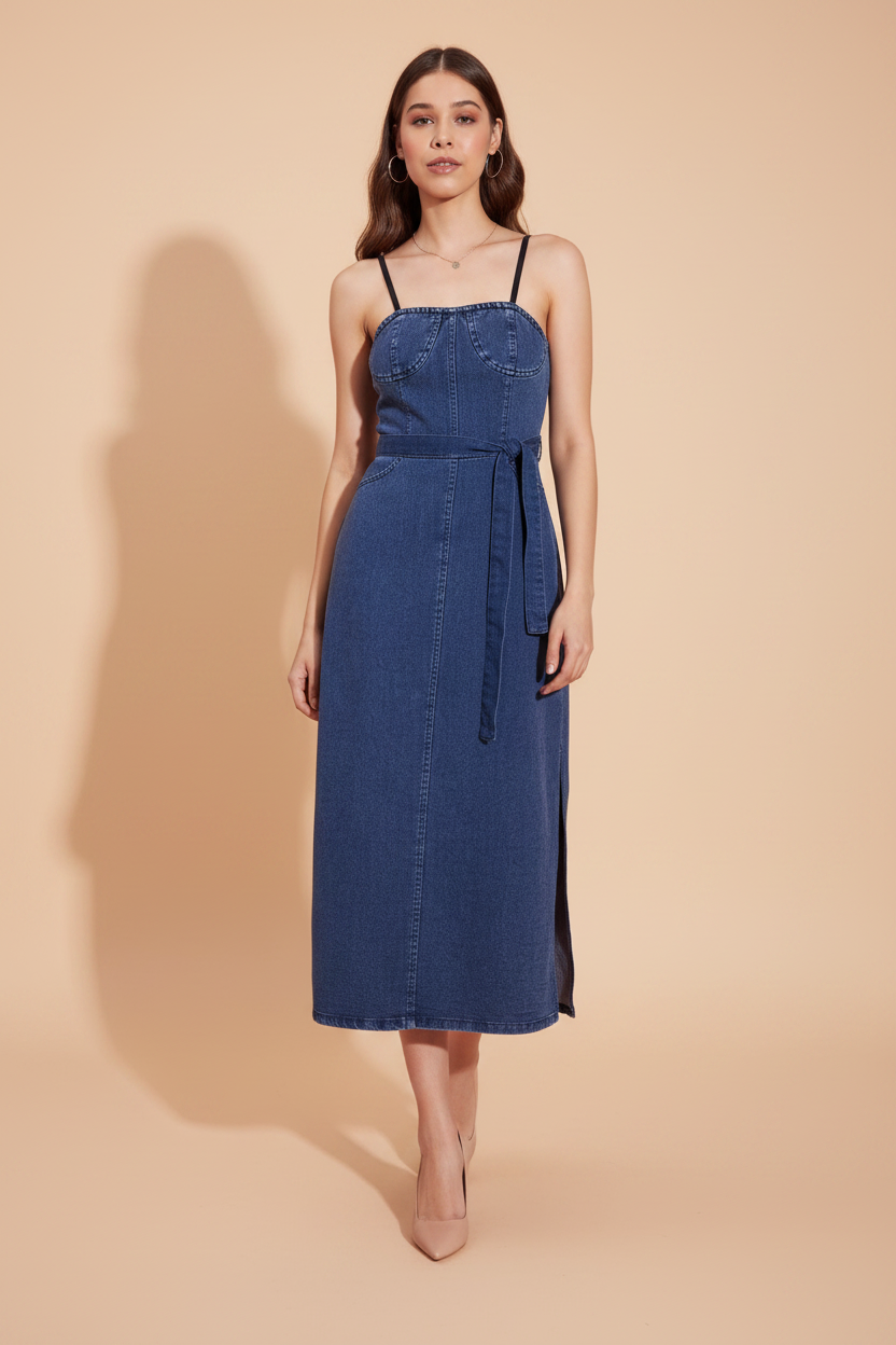 Snuggle Spot Women's Denim Solid Shoulder Straps Dress (Blue)