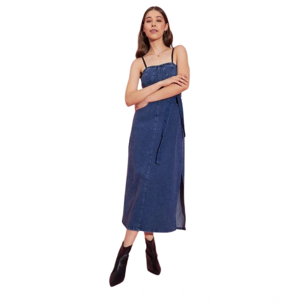 Snuggle Spot Women's Denim Solid Shoulder Straps Dress (Blue)