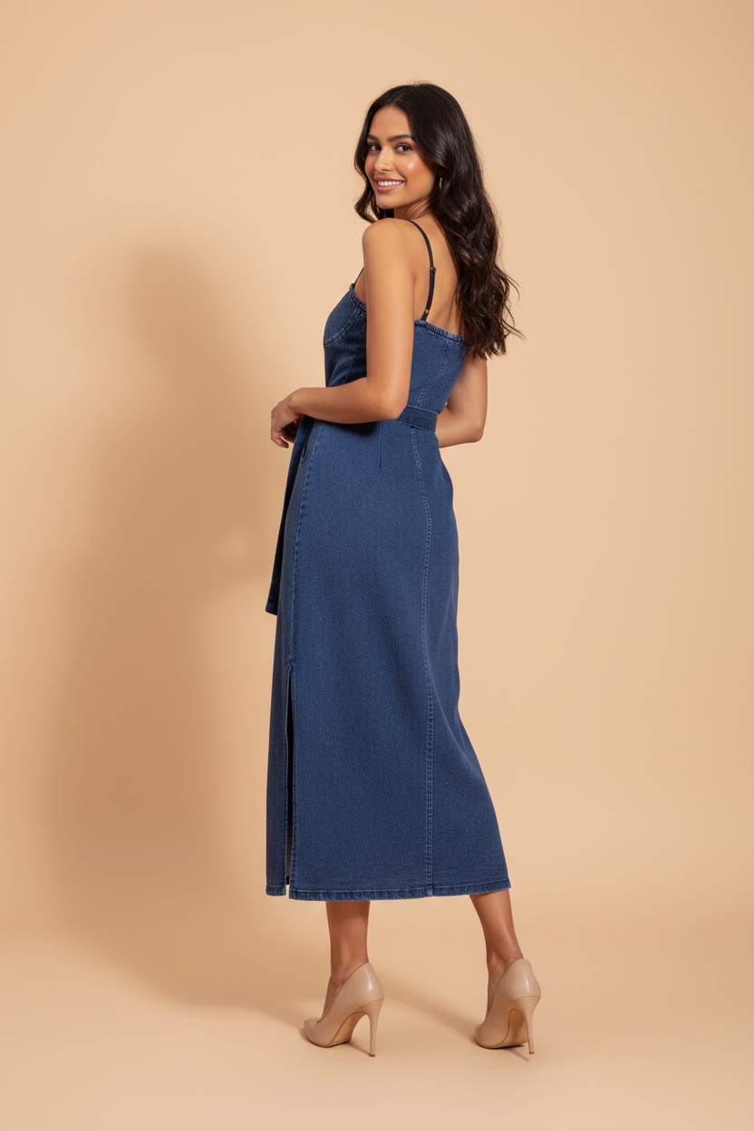 Snuggle Spot Women's Denim Solid Shoulder Straps Dress (Blue)