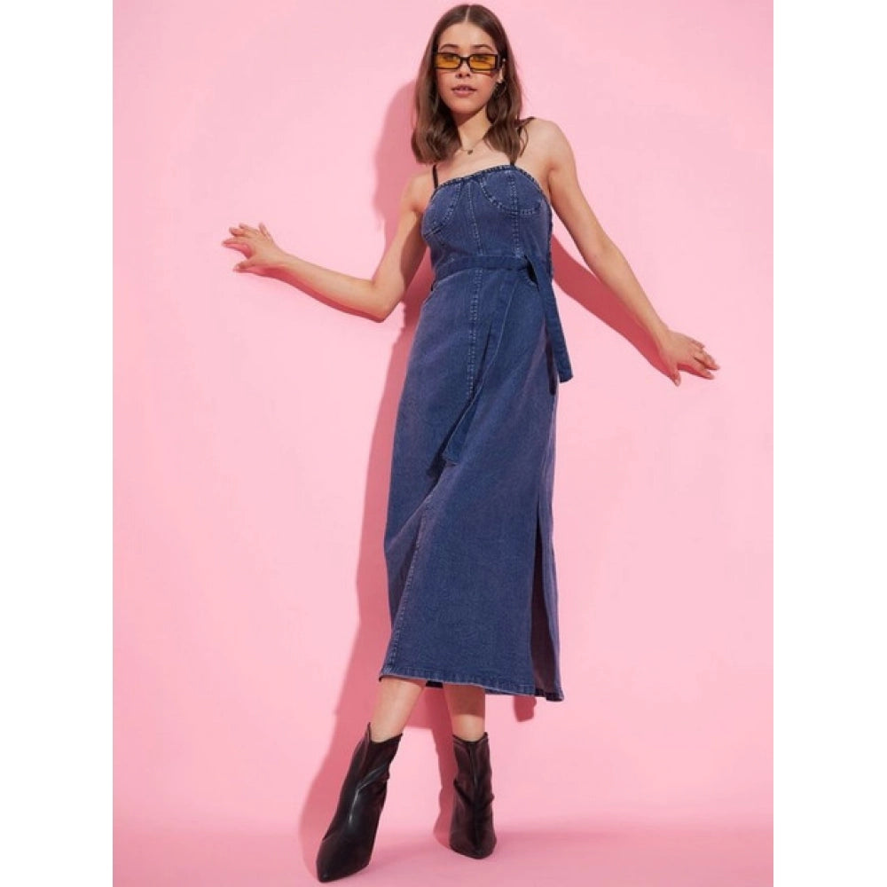 Snuggle Spot Women's Denim Solid Shoulder Straps Dress (Blue)