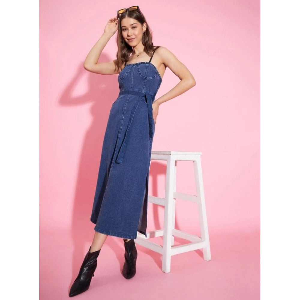 Snuggle Spot Women's Denim Solid Shoulder Straps Dress (Blue)