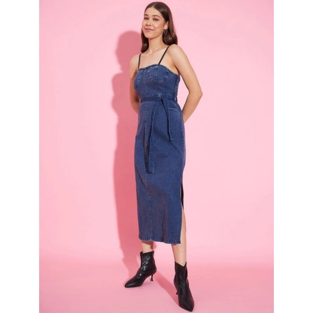 Snuggle Spot Women's Denim Solid Shoulder Straps Dress (Blue)