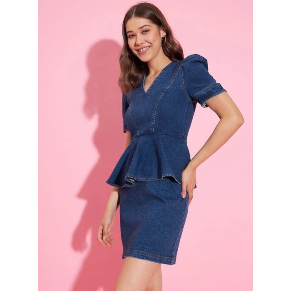 Snuggle Spot Women's Denim Solid Puff Sleeves Dress (Blue)
