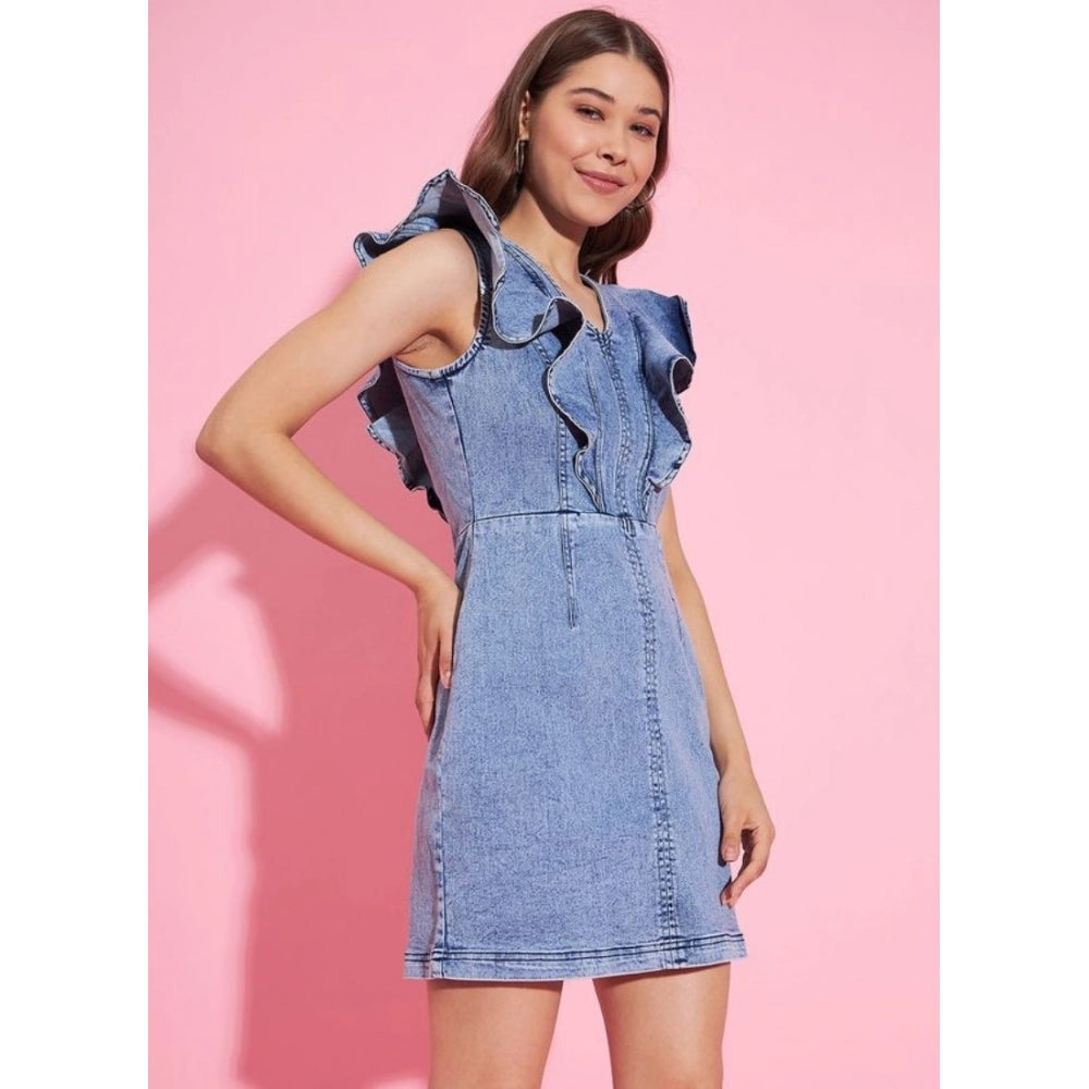 Snuggle Spot Women's Denim Solid Flutter Sleeve Dress (Blue)