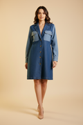 Snuggle Spot Women's Denim Color Blocking Roll Up Dress (Blue)