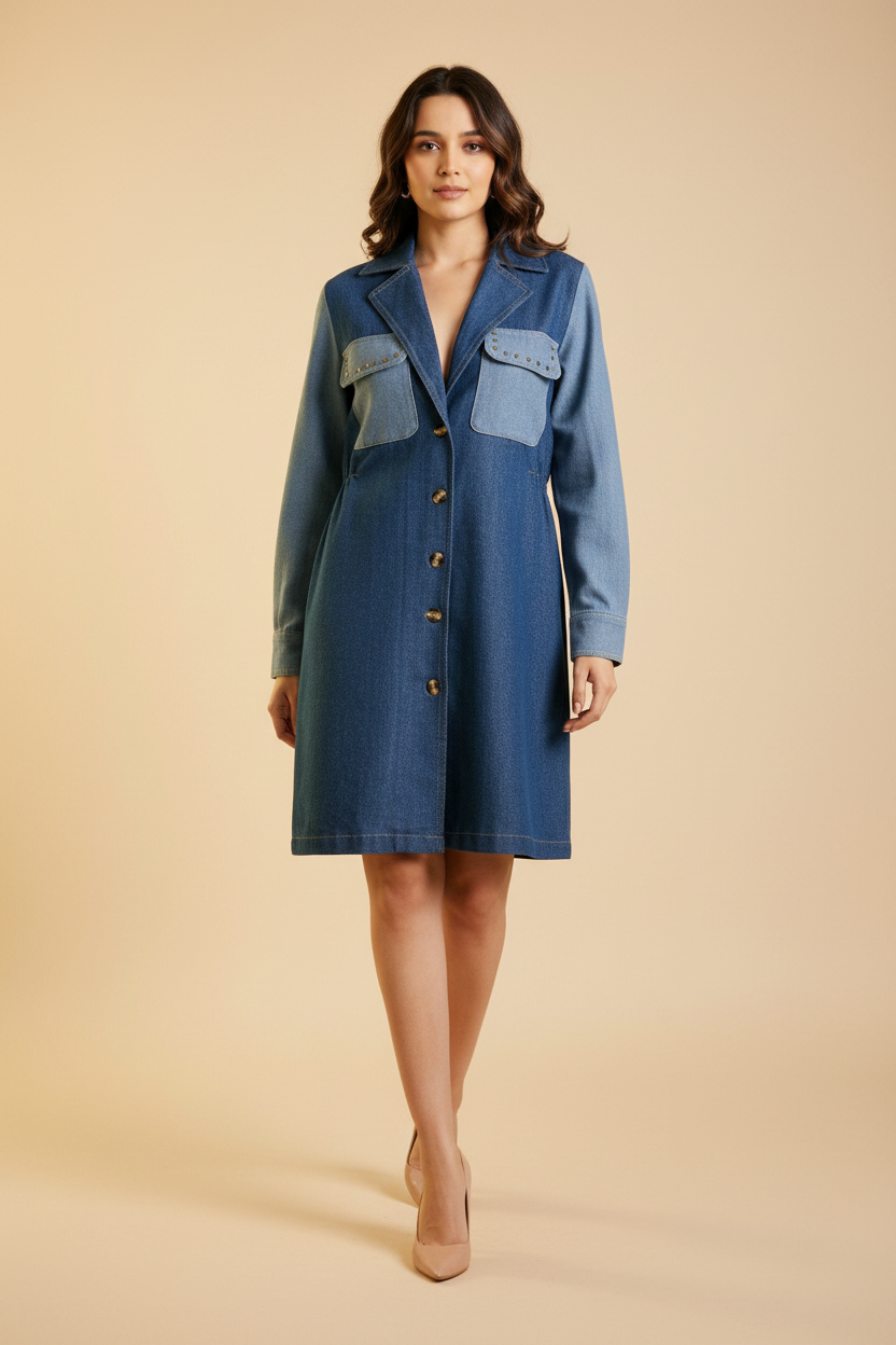 Snuggle Spot Women's Denim Color Blocking Roll Up Dress (Blue)