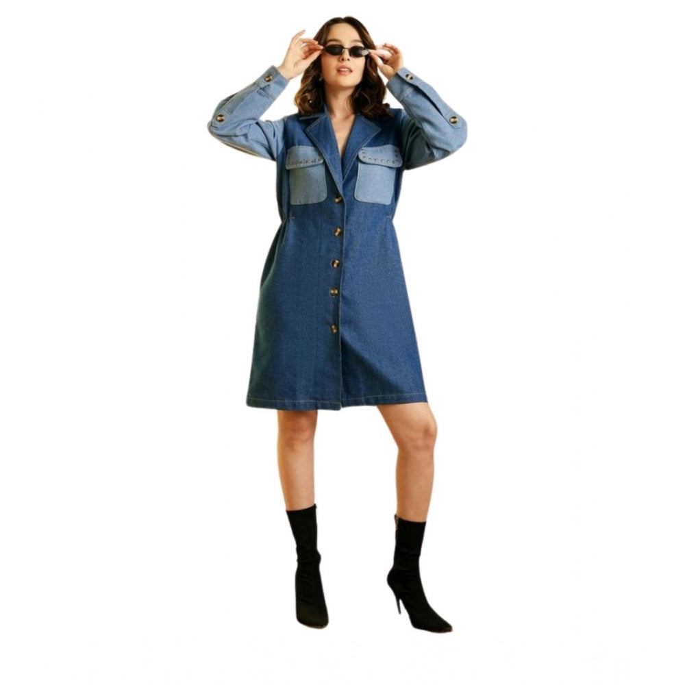 Snuggle Spot Women's Denim Color Blocking Roll Up Dress (Blue)